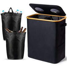 Lade das Bild in den Galerie-Viewer, 140L Pfandflaschen Sammelbehälter mit Deckel & XXL Tragetaschen, Flaschensammler für Leergut & Altglas, 2 Fächer Organizer mit Lochdesign, Recycling Behälter für Küche & Abstellraum, Schwarz