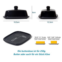 Lade das Bild in den Galerie-Viewer, Butterdose - Hochwertige Butterglocke aus Keramik - Butter Dish für alle gängigen Butter (250g) - Butterschale Porzellan (Schwarz)