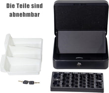 Lade das Bild in den Galerie-Viewer, Geldkassette mit münzzählbrett, 25 * 18 * 8.5 CM, Kasse Abschließbar, Cash Box Groß, Spardose, Geld organizer (Schwarz-25cm)