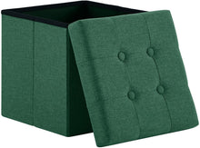 Lade das Bild in den Galerie-Viewer, Fußhocker, Fußbank Truhen Aufbewahrungsbox faltbar belastbar bis 300 kg, Leinen, 38 x 38 x 38 cm（Dunkelgrün）
